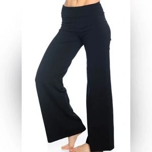 Hard Tail Black Yoga Pants, Fold Over, Boot Cut, White Stripe Down The Side (L)